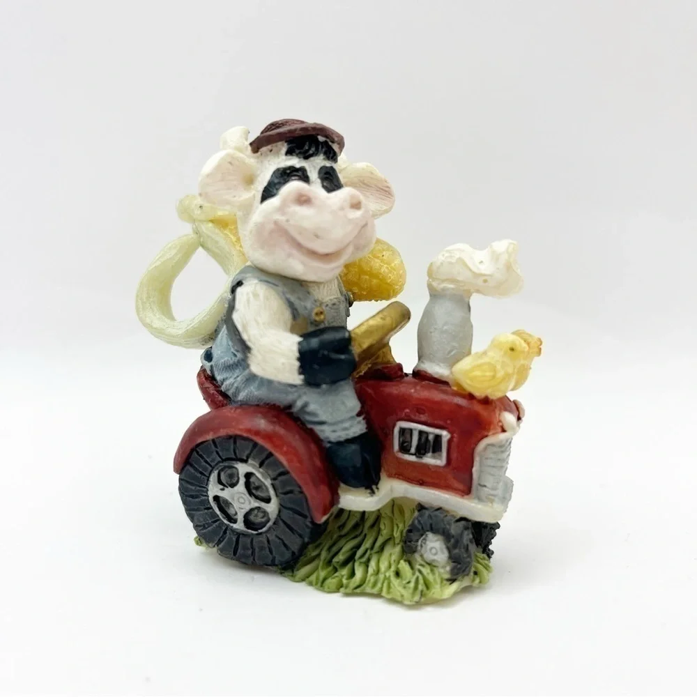 Vintage 1994 Popular Imports Farmer Resin Miniature Set Cows Chicken Made in USA